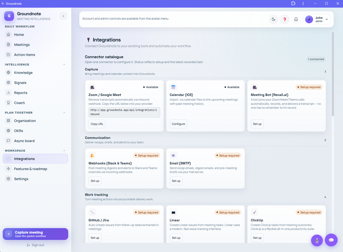 Groundnote integrations view showing configured Microsoft Teams and other work-tool connections