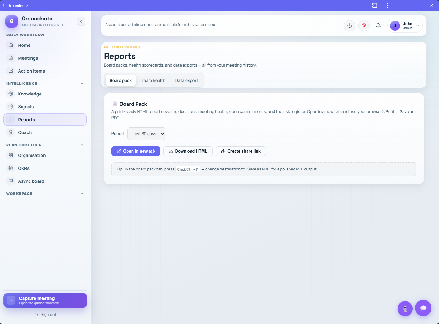 Groundnote reports view showing recorded meeting outcomes and change history