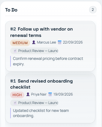 Groundnote action items board To Do column showing two real task cards with assignee, priority, due date, and source meeting